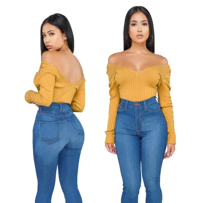 S-3XL Sexy Deep V-neck Long-sleeve Solid Color Cotton Blend Bodysuit