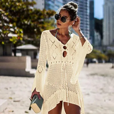 M-L V-neck Long-sleeve Hollow High-low Hemline Solid Color Bikini Cover-ups