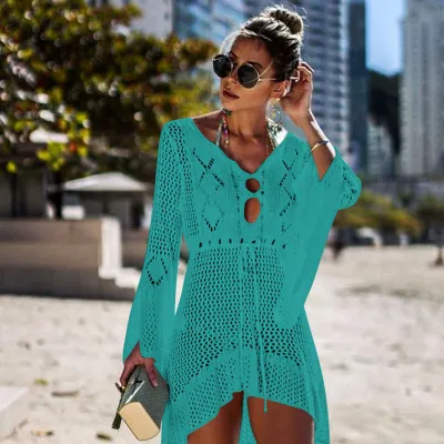 M-L V-neck Long-sleeve Hollow High-low Hemline Solid Color Bikini Cover-ups