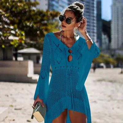 M-L V-neck Long-sleeve Hollow High-low Hemline Solid Color Bikini Cover-ups
