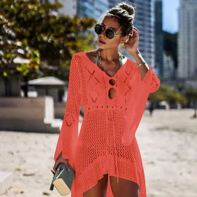 M-L V-neck Long-sleeve Hollow High-low Hemline Solid Color Bikini Cover-ups