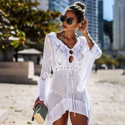 M-L V-neck Long-sleeve Hollow High-low Hemline Solid Color Bikini Cover-ups