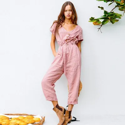 S-XL V-neck Short-sleeve Lace-up Romper Jumpsuit