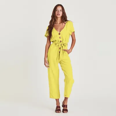S-XL V-neck Short-sleeve Lace-up Romper Jumpsuit
