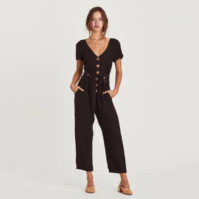 S-XL V-neck Short-sleeve Lace-up Romper Jumpsuit