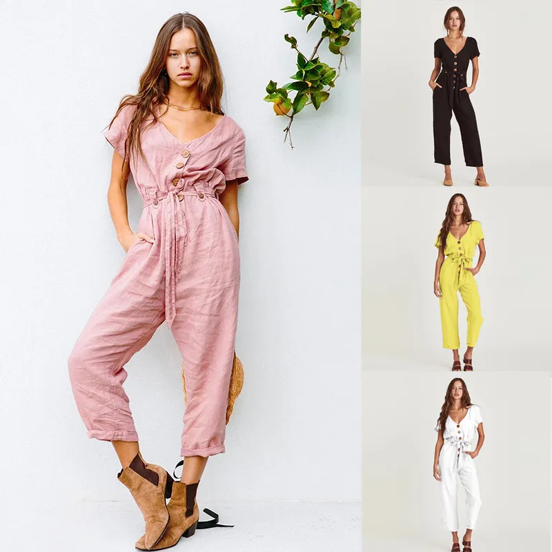S-XL V-neck Short-sleeve Lace-up Romper Jumpsuit