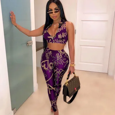 S-XL Sexy Zipper Sleeveless Letter Print Crop Top And Tight Pants Set