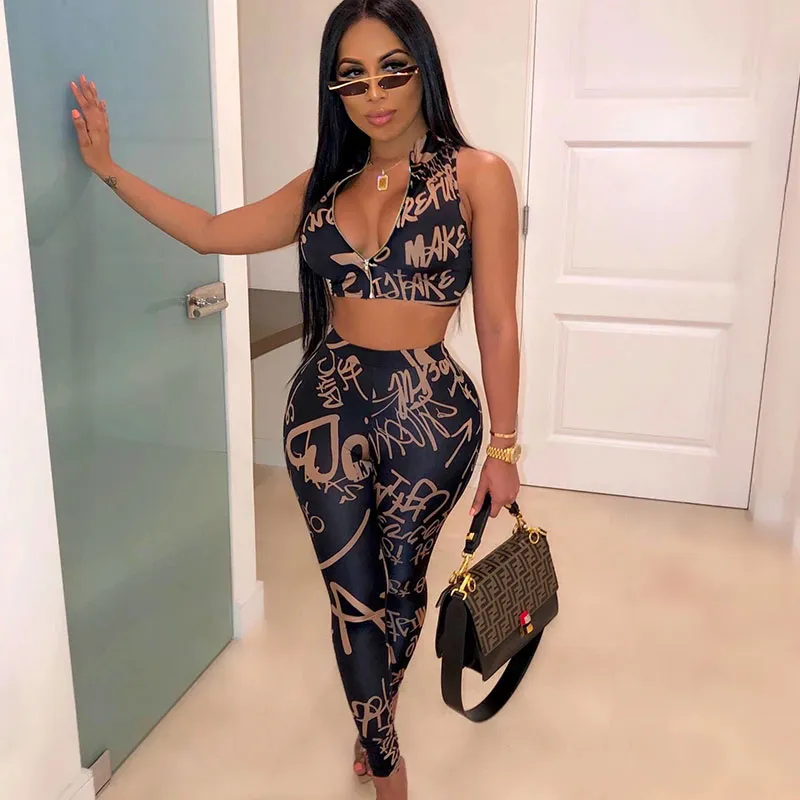 S-XL Sexy Zipper Sleeveless Letter Print Crop Top And Tight Pants Set