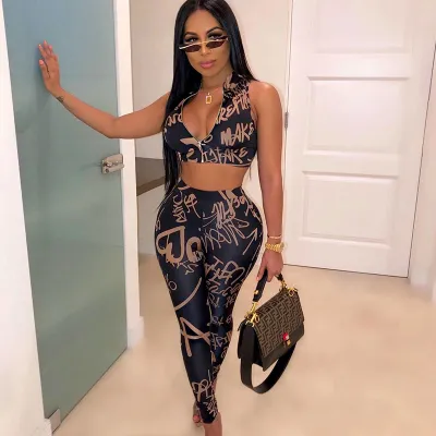 S-XL Sexy Zipper Sleeveless Letter Print Crop Top And Tight Pants Set