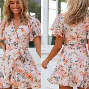 S-XL V-neck Lace-up Floral Print Boho Ruffle Dress