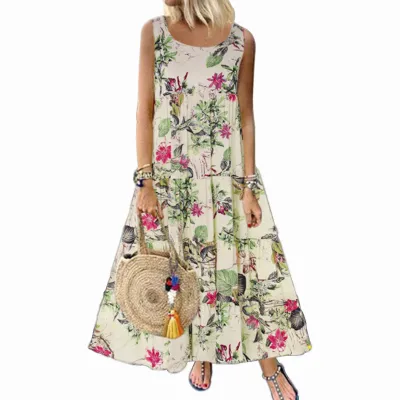 S-5XL Women Vintage Floral Print Sleeveless Maxi Dress