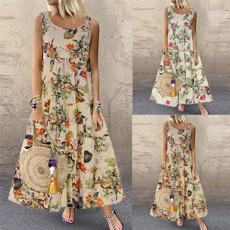 S-5XL Women Vintage Floral Print Sleeveless Maxi Dress