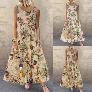 S-5XL Women Vintage Floral Print Sleeveless Maxi Dress