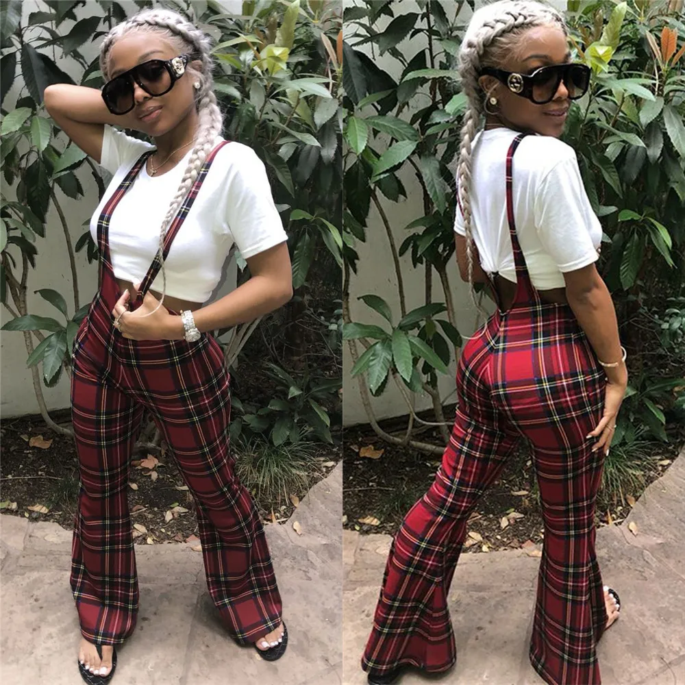 S-XL Fashion Plaid Sleeveless Sling Wide Leg Jumpsuits