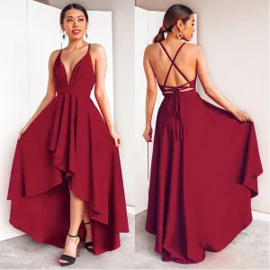 S-3XL Women Solid Color V-neck Sleeveless High-low Hem Maxi Dress