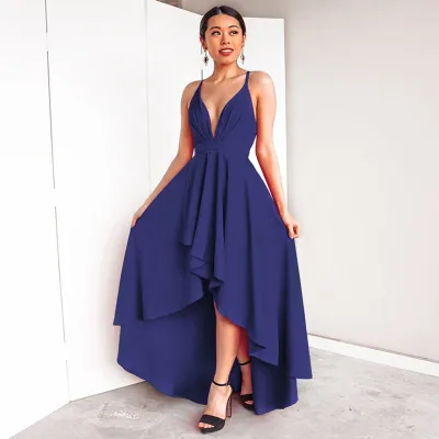 S-3XL Women Solid Color V-neck Sleeveless High-low Hem Maxi Dress