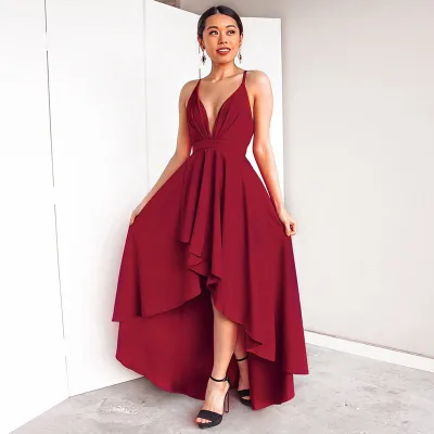 S-3XL Women Solid Color V-neck Sleeveless High-low Hem Maxi Dress
