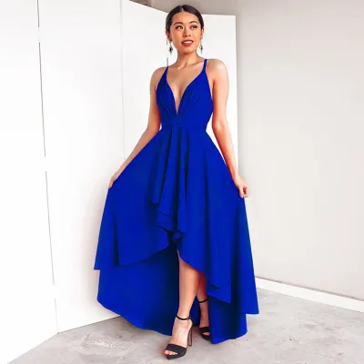 S-3XL Women Solid Color V-neck Sleeveless High-low Hem Maxi Dress