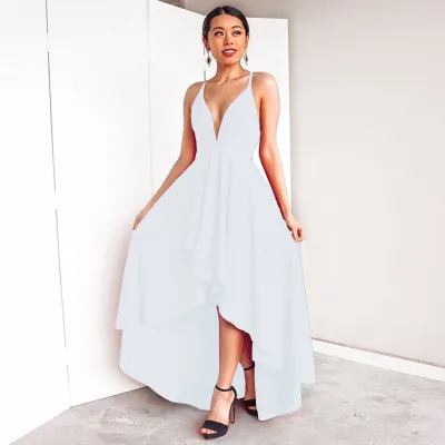 S-3XL Women Solid Color V-neck Sleeveless High-low Hem Maxi Dress