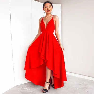 S-3XL Women Solid Color V-neck Sleeveless High-low Hem Maxi Dress