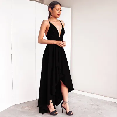 S-3XL Women Solid Color V-neck Sleeveless High-low Hem Maxi Dress