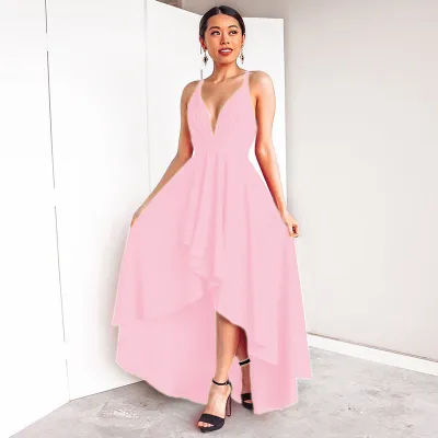 S-3XL Women Solid Color V-neck Sleeveless High-low Hem Maxi Dress