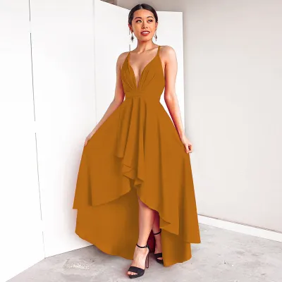 S-3XL Women Solid Color V-neck Sleeveless High-low Hem Maxi Dress