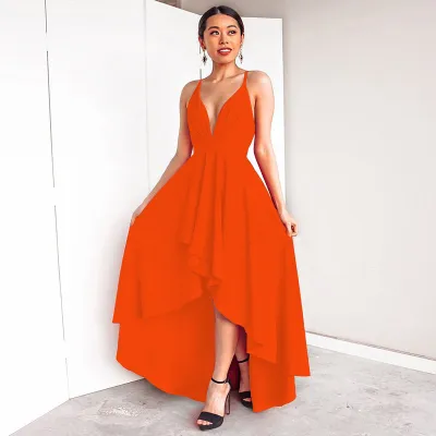 S-3XL Women Solid Color V-neck Sleeveless High-low Hem Maxi Dress