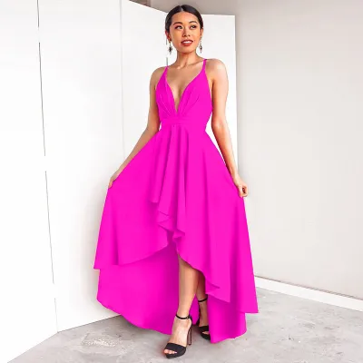 S-3XL Women Solid Color V-neck Sleeveless High-low Hem Maxi Dress