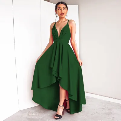 S-3XL Women Solid Color V-neck Sleeveless High-low Hem Maxi Dress