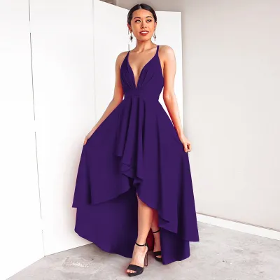 S-3XL Women Solid Color V-neck Sleeveless High-low Hem Maxi Dress