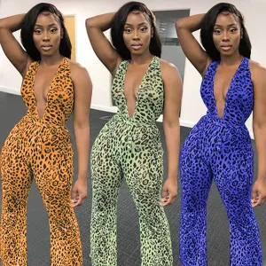 S-XL Sexy Backless Deep V-neck Sleeveless Leopard Jumpsuits