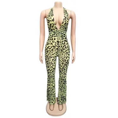 S-XL Sexy Backless Deep V-neck Sleeveless Leopard Jumpsuits