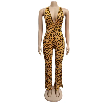 S-XL Sexy Backless Deep V-neck Sleeveless Leopard Jumpsuits