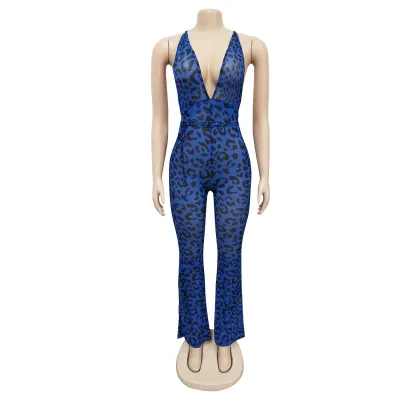 S-XL Sexy Backless Deep V-neck Sleeveless Leopard Jumpsuits