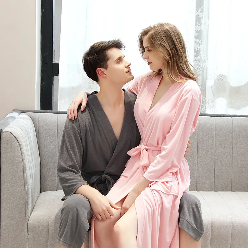 M-XL Men Solid Color Lace-up Home Pajamas Night-robe