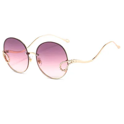 Round Metal Frame Rhinestone Decor Fashion Sunglasses