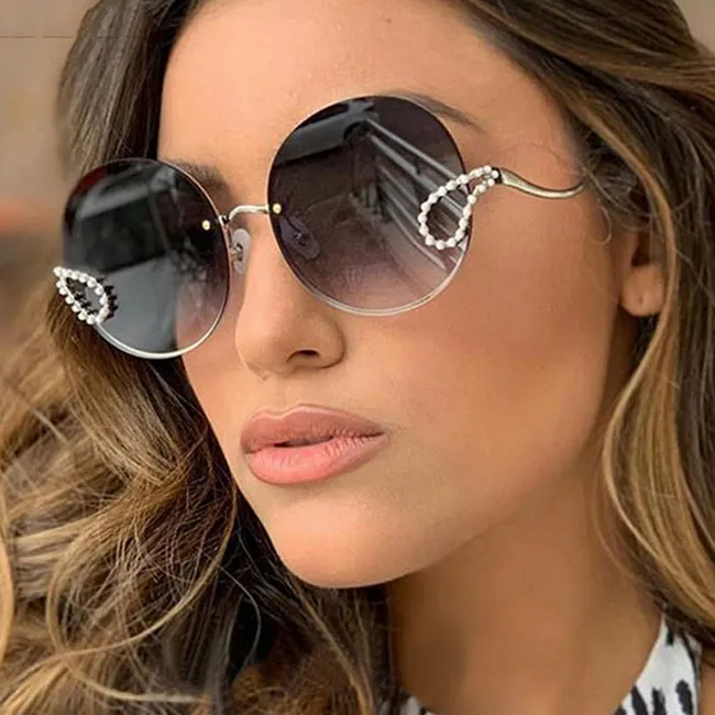 Round Metal Frame Rhinestone Decor Fashion Sunglasses
