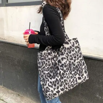 Women Casual Large Capacity Leopard Corduroy Tote Shoulder Bag