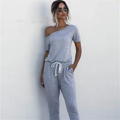 S-XL Women Casual Solid Color Short-sleeve Irregular Jumpsuits