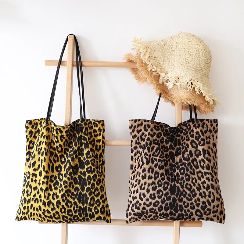 Women Casual Leopard Print Canvas Large Capacity Tote Shoulder Bag