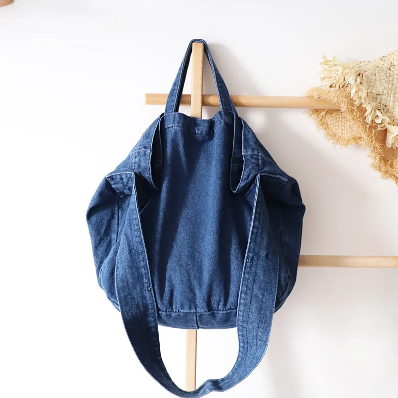 Campus Style Women Unique Denim Canvas Shoulder Bag Solid Color Big Square