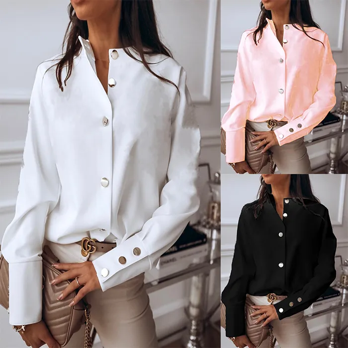 S-3XL Women Casual Slim Fit Single-breasted Plain Blouse
