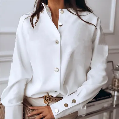 S-3XL Women Casual Slim Fit Single-breasted Plain Blouse