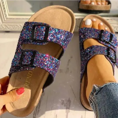 Size45-12 Women Casual Giltter Upper Belted Flat Slippers