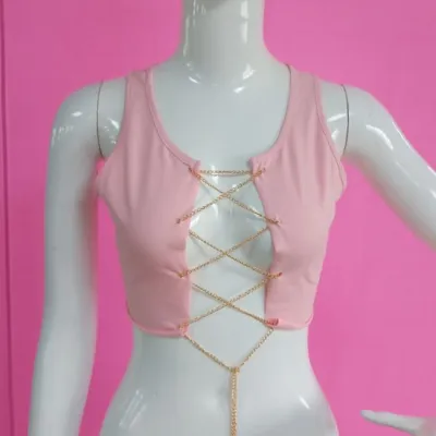 S-L Women Sexy Metal Chain Bandage Hollow Crop Top