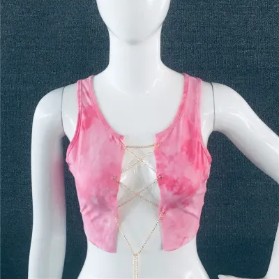 S-L Women Sexy Metal Chain Bandage Hollow Crop Top
