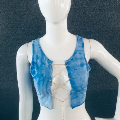 S-L Women Sexy Metal Chain Bandage Hollow Crop Top