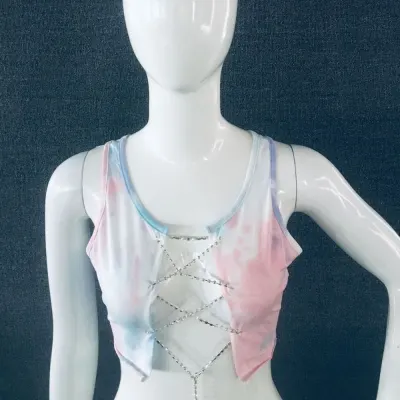 S-L Women Sexy Metal Chain Bandage Hollow Crop Top