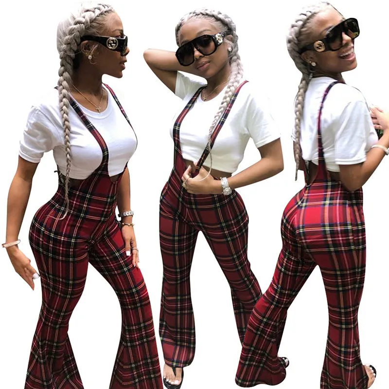 S-XL Women Plaid Pattern Suspender Flare Trousers